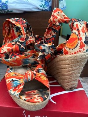 Impo Orange Multi Floral Tie-Wrap Espadrille Wedges